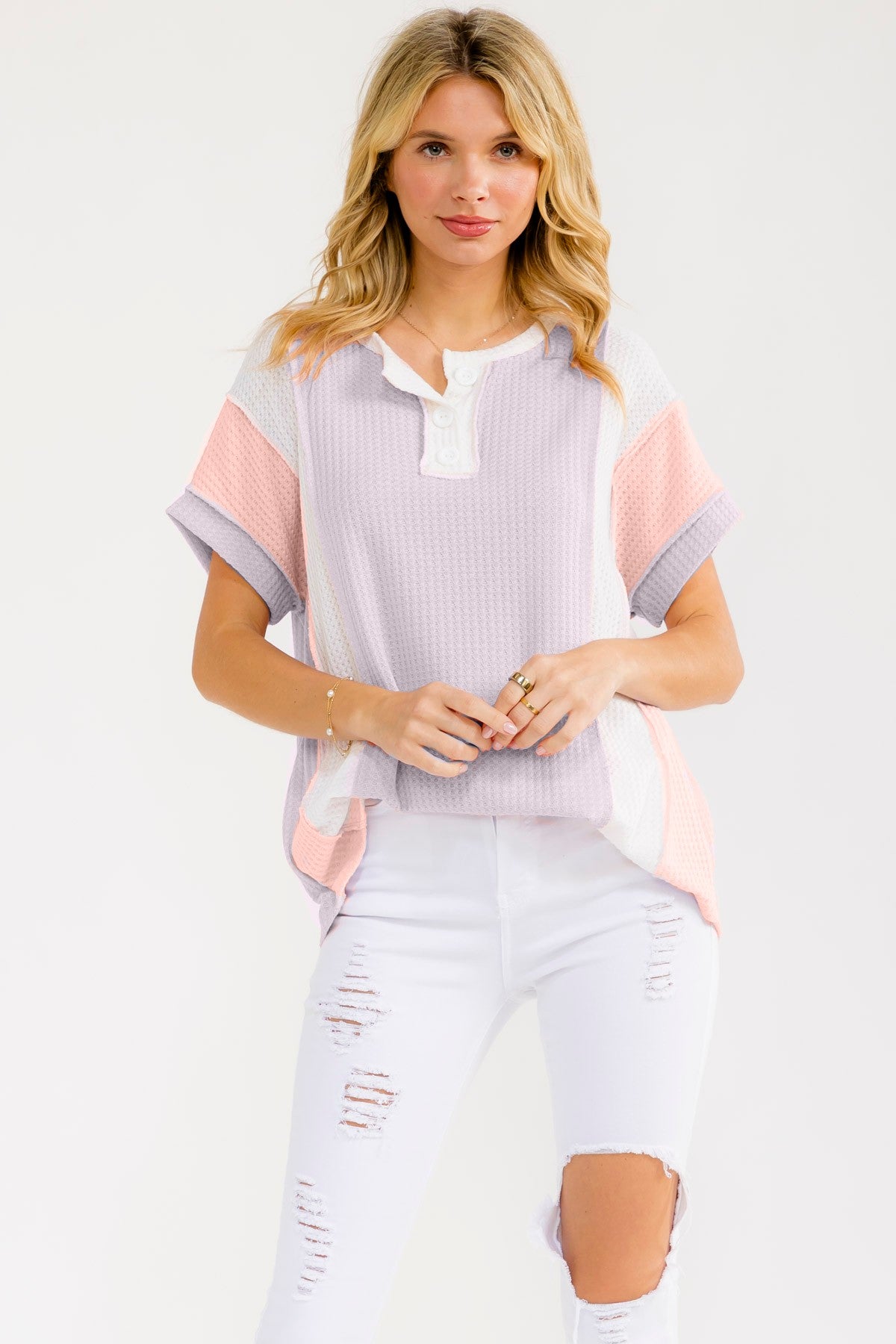 Eloise Color Block Henley Top | Lilac
