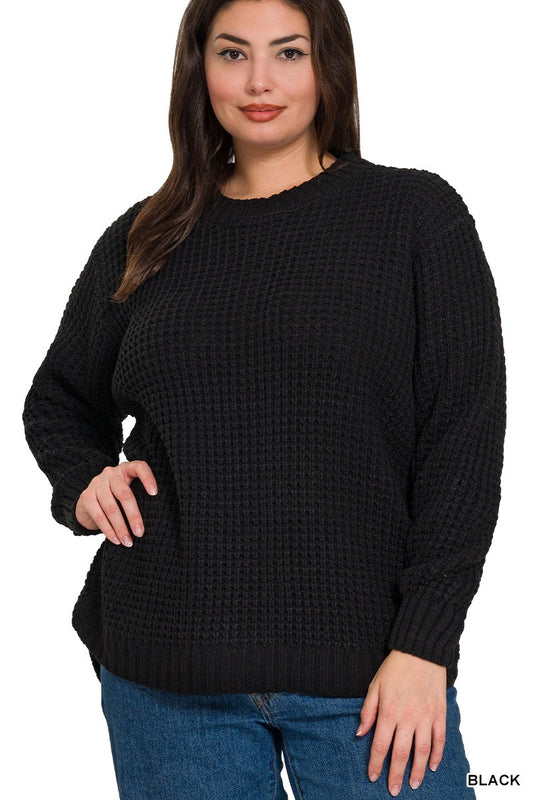 Emma Hi-Low Waffle Sweater | Black