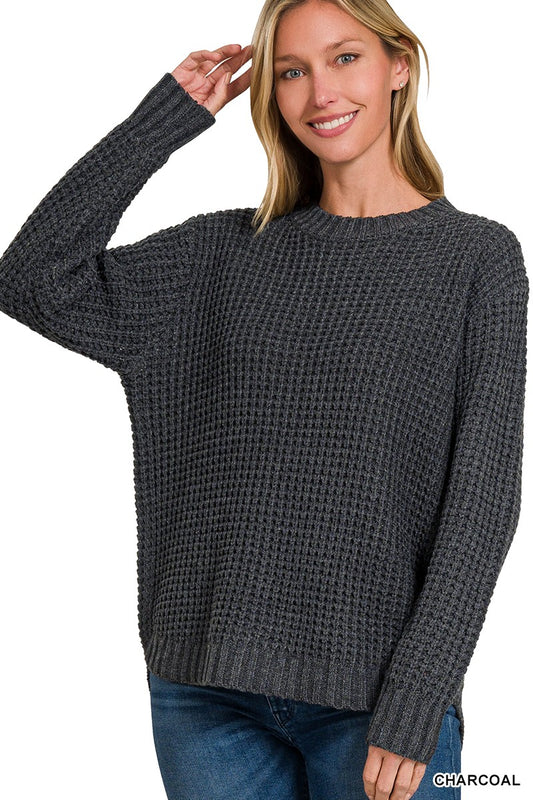 Emma Hi-Low Waffle Sweater | Charcoal