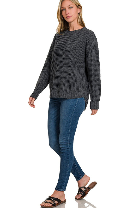 Emma Hi-Low Waffle Sweater | Charcoal