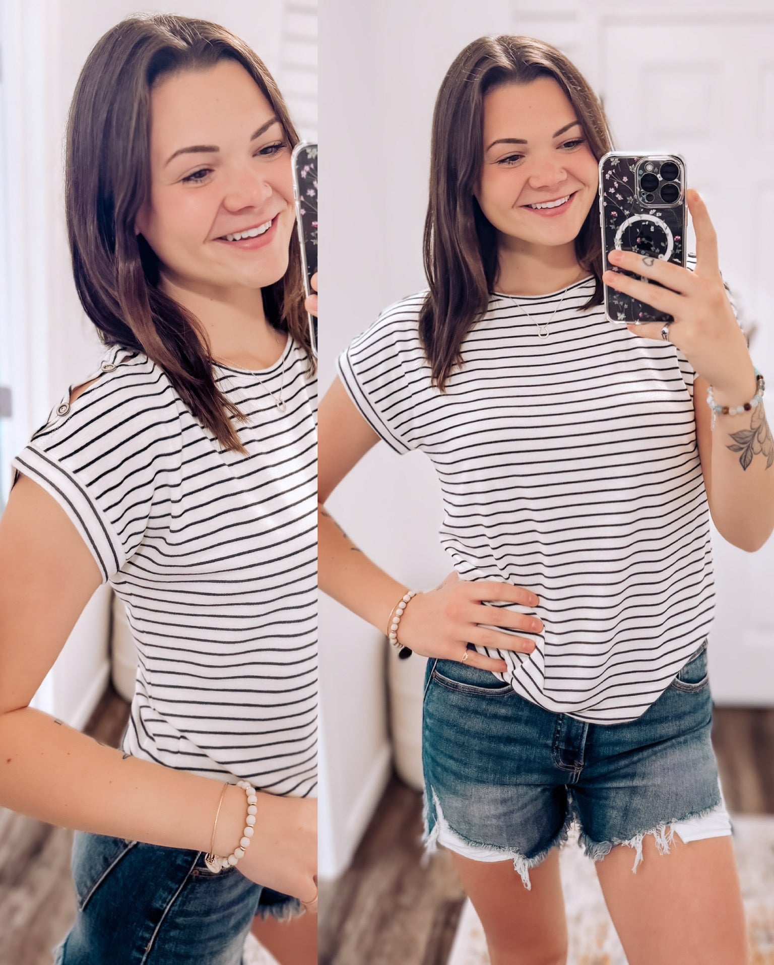 Woman wearing a white short-sleeve top with thin black horizontal stripes and rolled cuffs. The shirt features a relaxed, flowy fit with a crew neckline and button detail on the sleeves. Styled with white cuffed shorts, this effortless everyday tee is perfect for warm weather, offering a classic nautical-inspired look that’s both casual and polished.