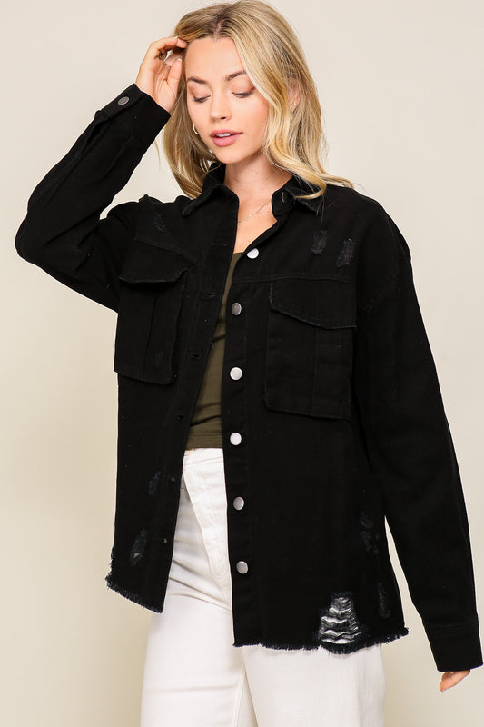 Fletcher Distressed Oversized Denim Jacket | Black