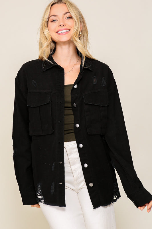 Fletcher Distressed Oversized Denim Jacket | Black