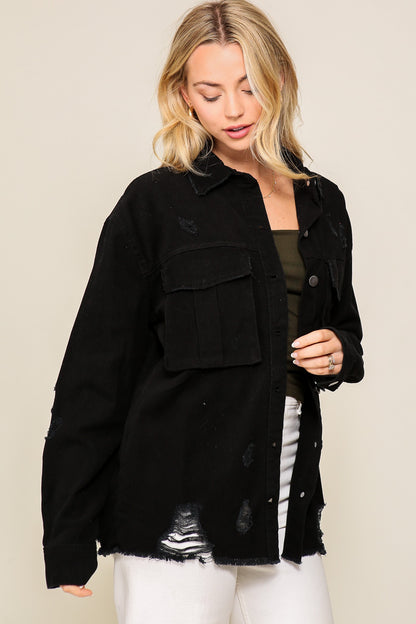 Fletcher Distressed Oversized Denim Jacket | Black