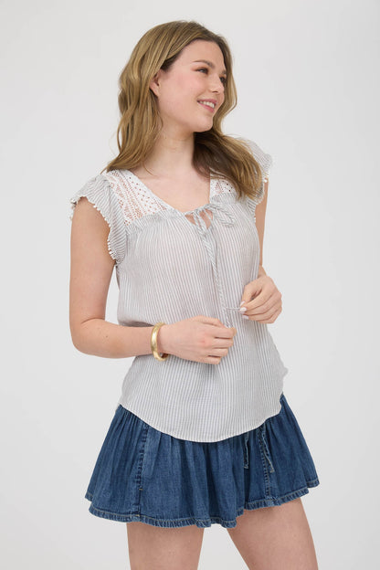 Hailey Stripe Lace Front Tie Top | Grey