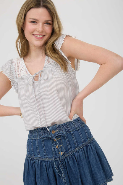 Hailey Stripe Lace Front Tie Top | Grey