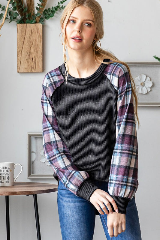 Hannah Ribbed Plaid Long Sleeve | Charcoal