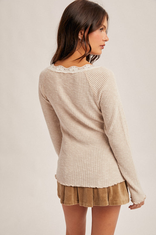Hattie Lace Trimmed Ribbed Henley | Taupe