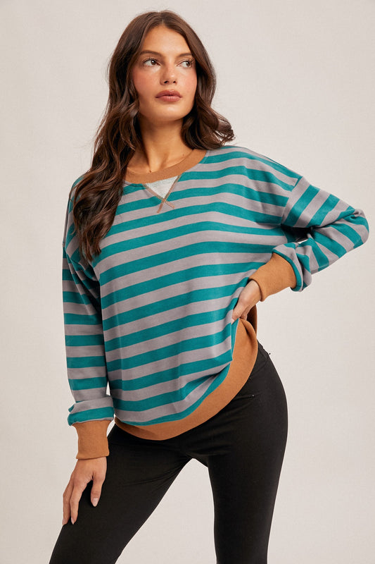 Hazel Color Contrast Striped Sweatshirt | Teal