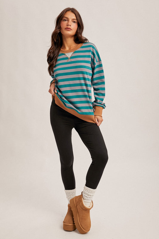 Hazel Color Contrast Striped Sweatshirt | Teal