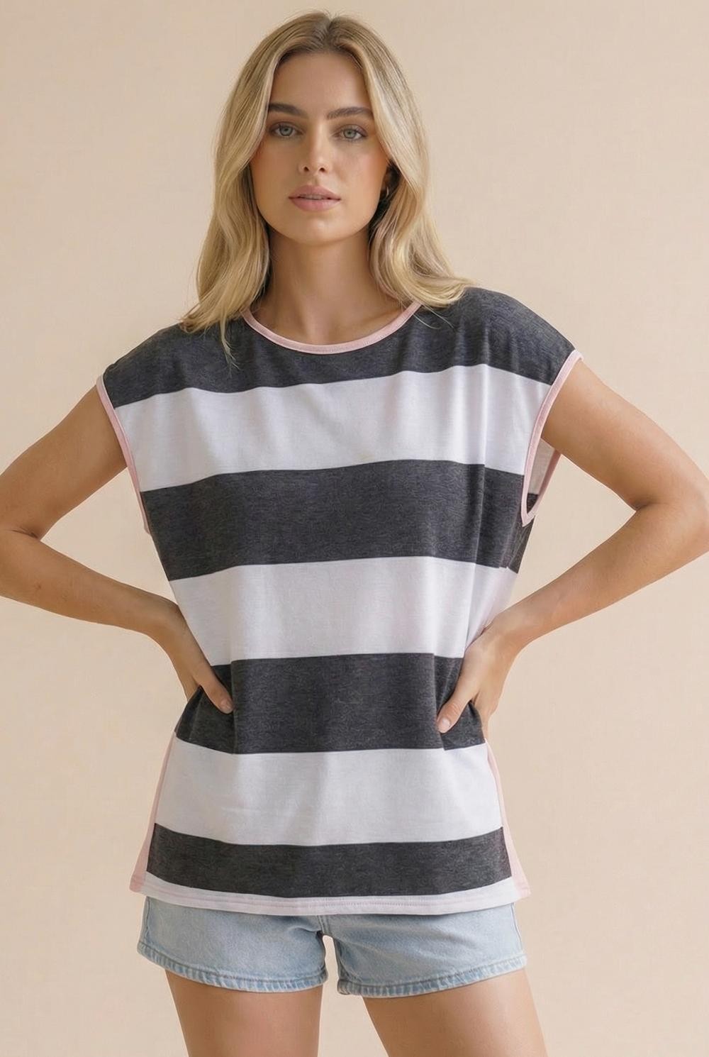 Helen Wide Stripe Color Block Top | Black