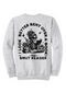 Light gray crewneck sweatshirt featuring bold black bookish graphics. The front chest has a small open-book design with a hand and the phrase “Spread Those Pages.” The back showcases a full skeleton girl reading, surrounded by stacked books, coffee, and sparkles. Large text reads: “I Look Better Bent Over a Book – Proud Smut Reader.” A cozy, cheeky must-have for spicy book lovers with a sense of humor.