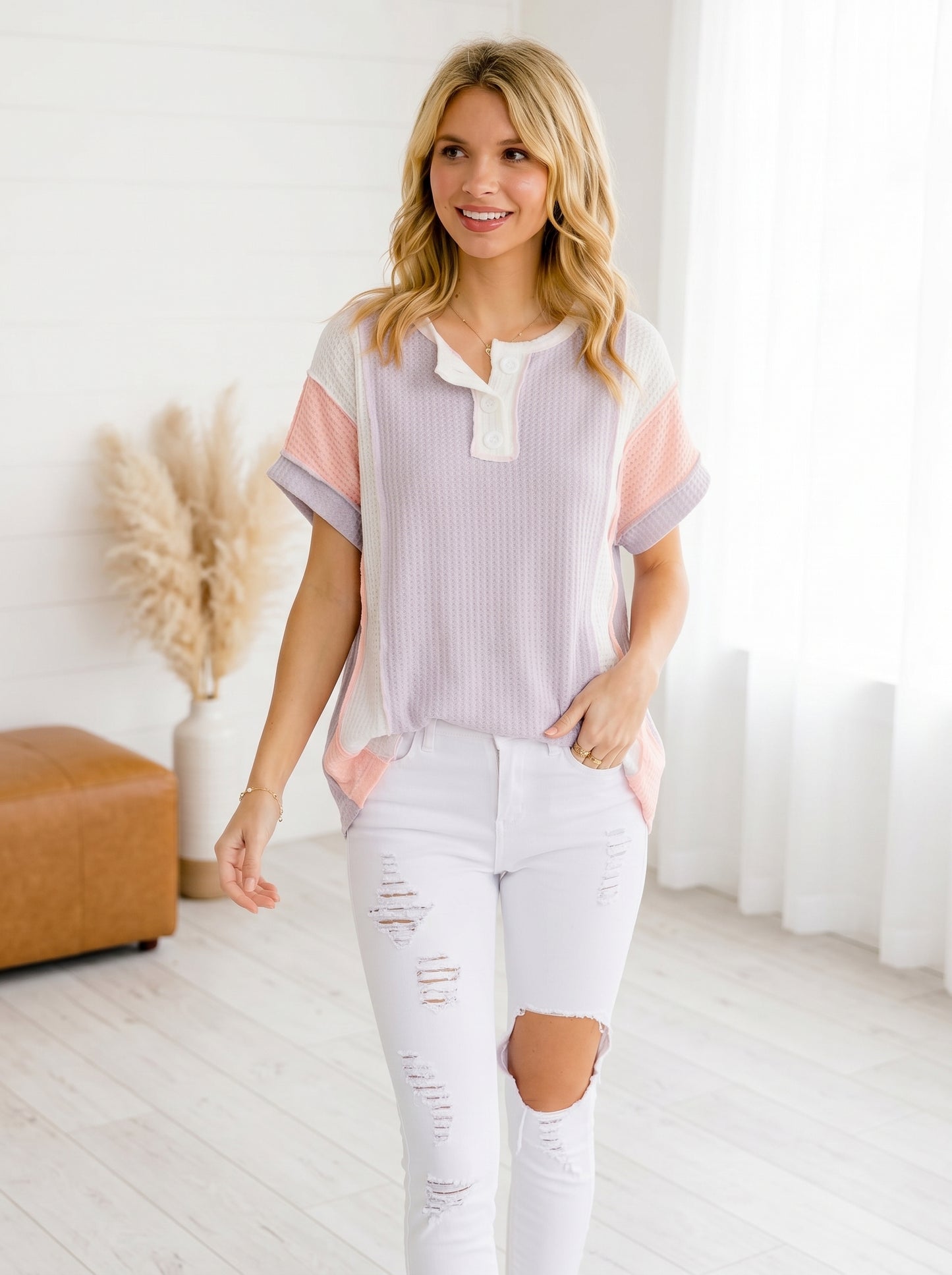 Eloise Color Block Henley Top | Lilac