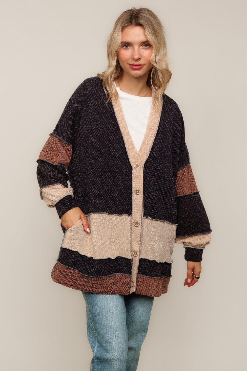 Janessa Two-Tone Color Block Oversized Cardigan | Charcoal