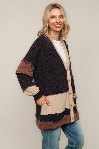 Janessa Two-Tone Color Block Oversized Cardigan | Charcoal
