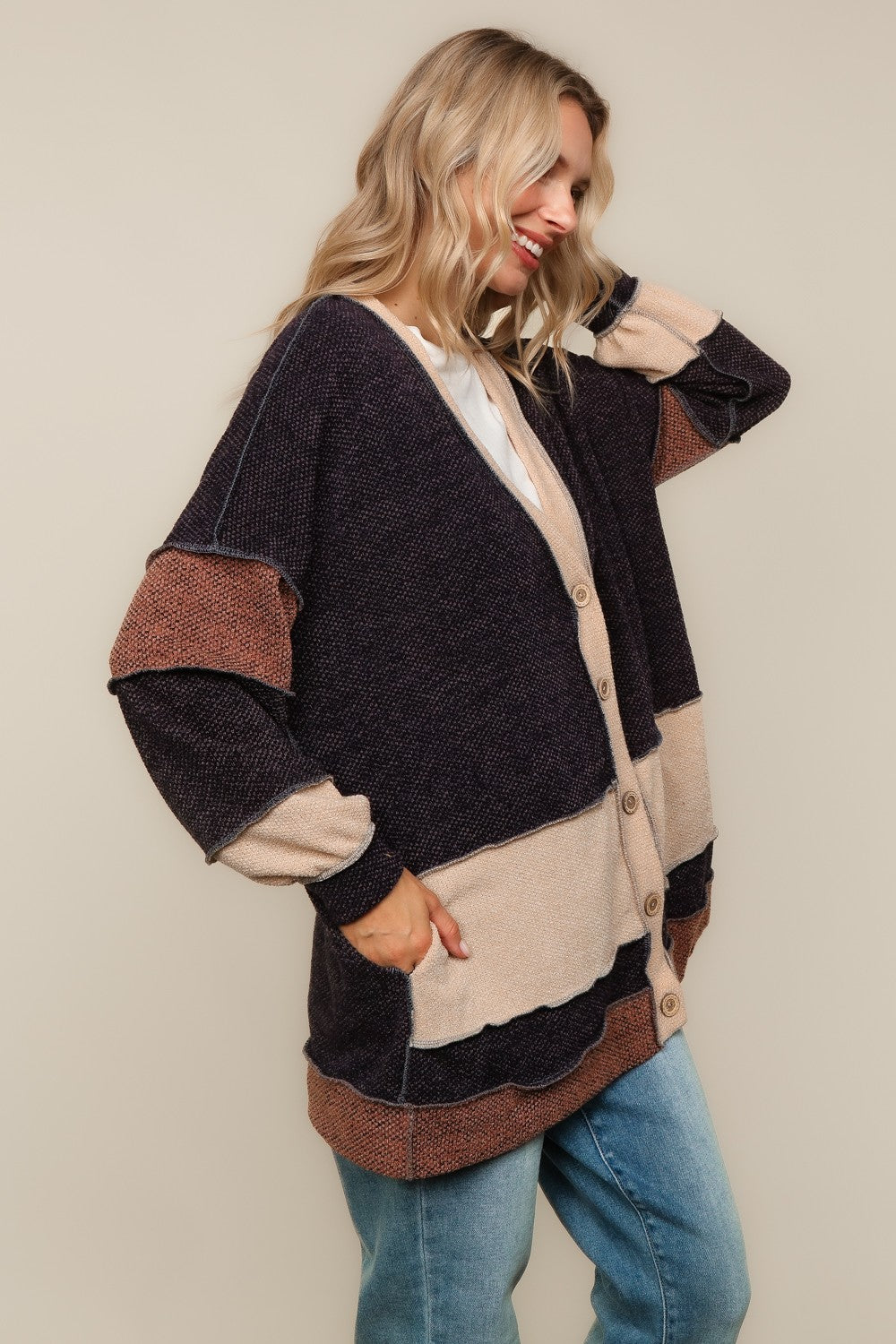 Janessa Two-Tone Color Block Oversized Cardigan | Charcoal