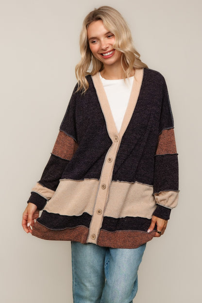Janessa Two-Tone Color Block Oversized Cardigan | Charcoal