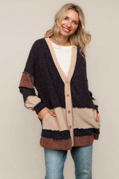 Janessa Two-Tone Color Block Oversized Cardigan | Charcoal