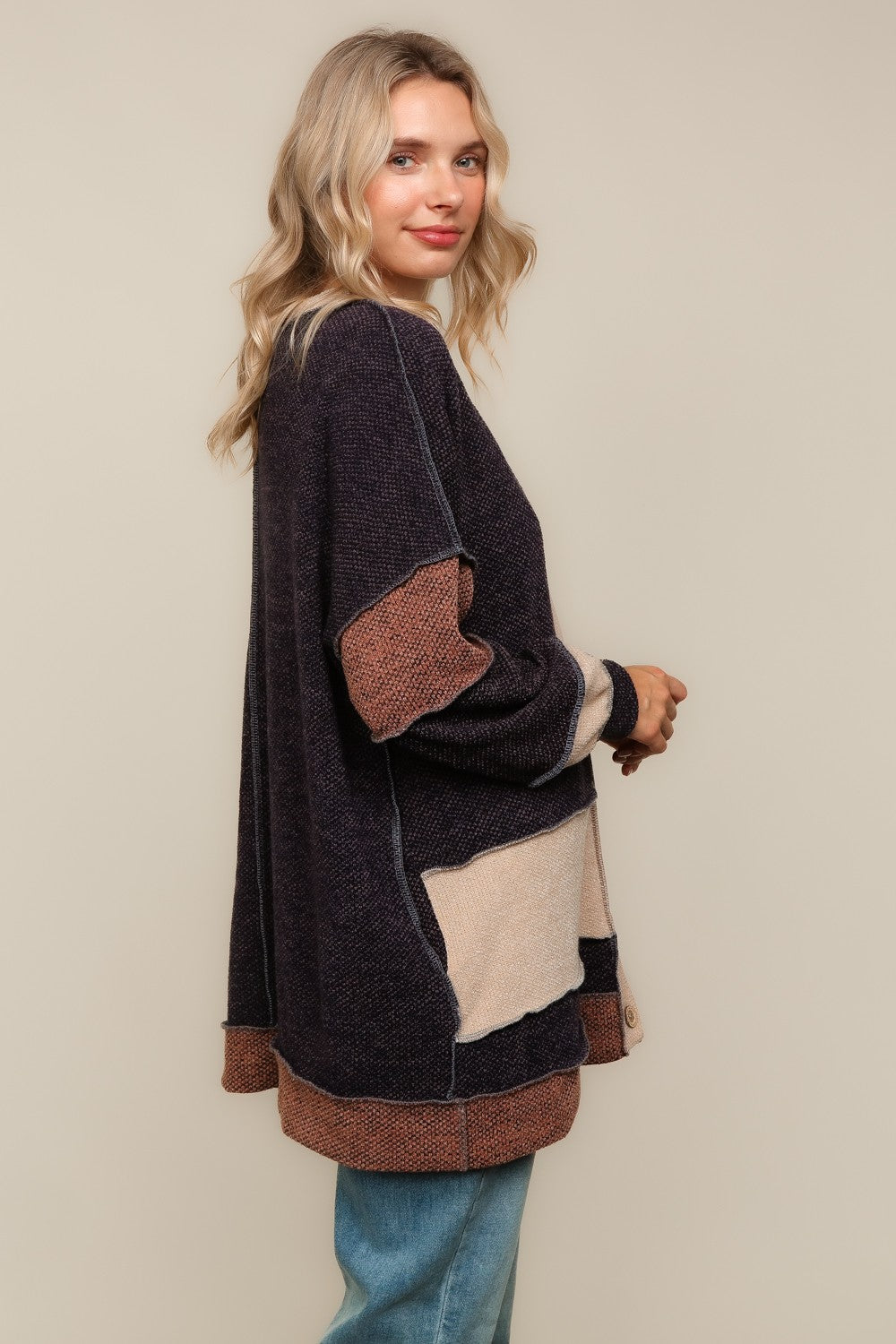 Janessa Two-Tone Color Block Oversized Cardigan | Charcoal