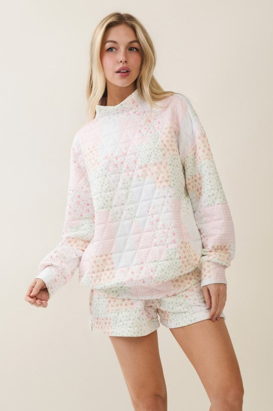 Cleo Patchwork Mock Neck Pullover & Shorts Set | Pink
