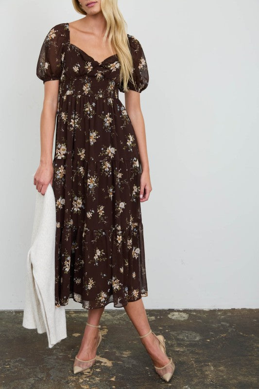 Mabel Floral Midi Dress | Brown
