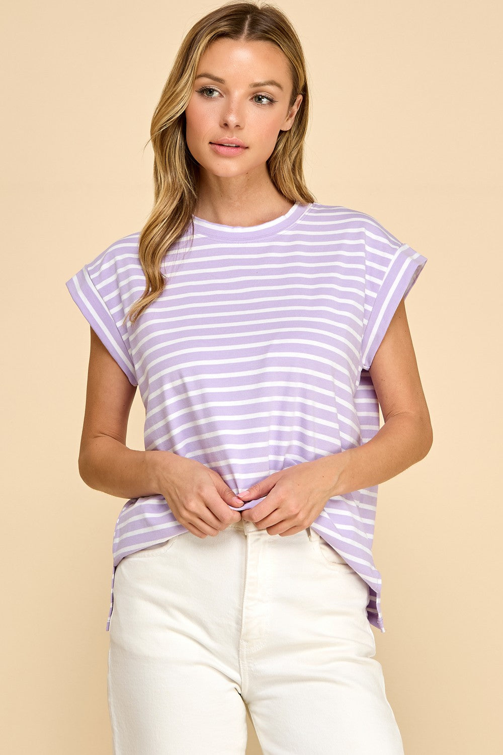Iris Striped Cuffed Sleeve Tee | Lavender