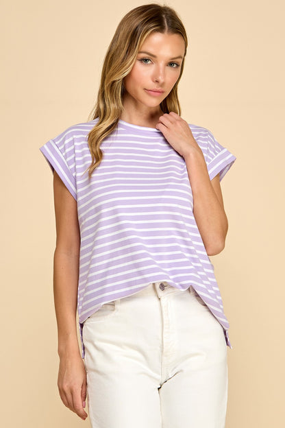 Iris Striped Cuffed Sleeve Tee | Lavender