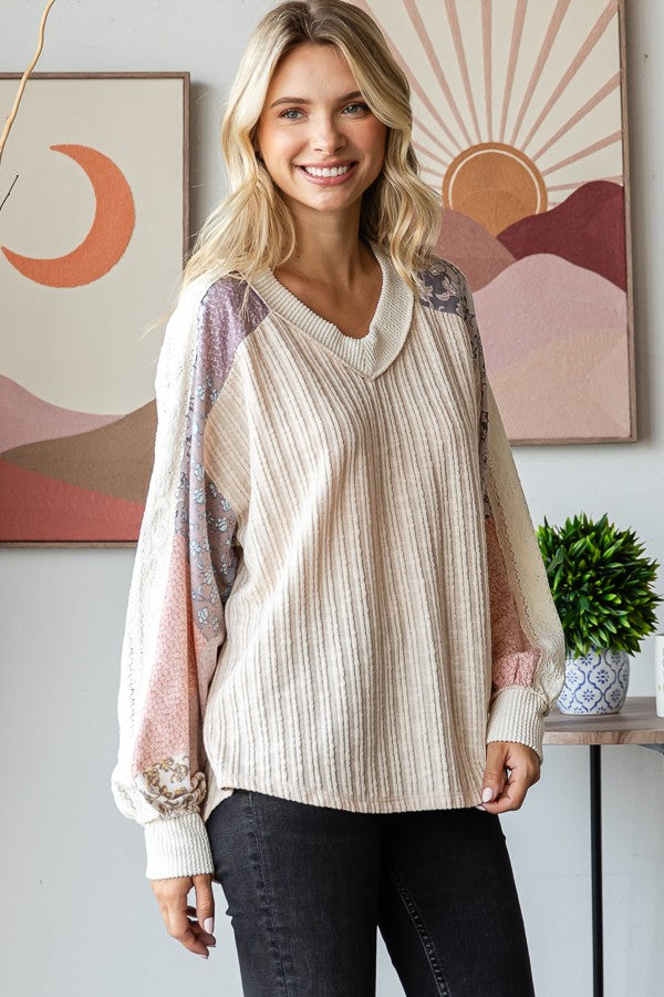 Izzy Lace Contrast Long Sleeve | Oatmeal