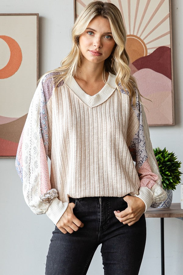 Izzy Lace Contrast Long Sleeve | Oatmeal