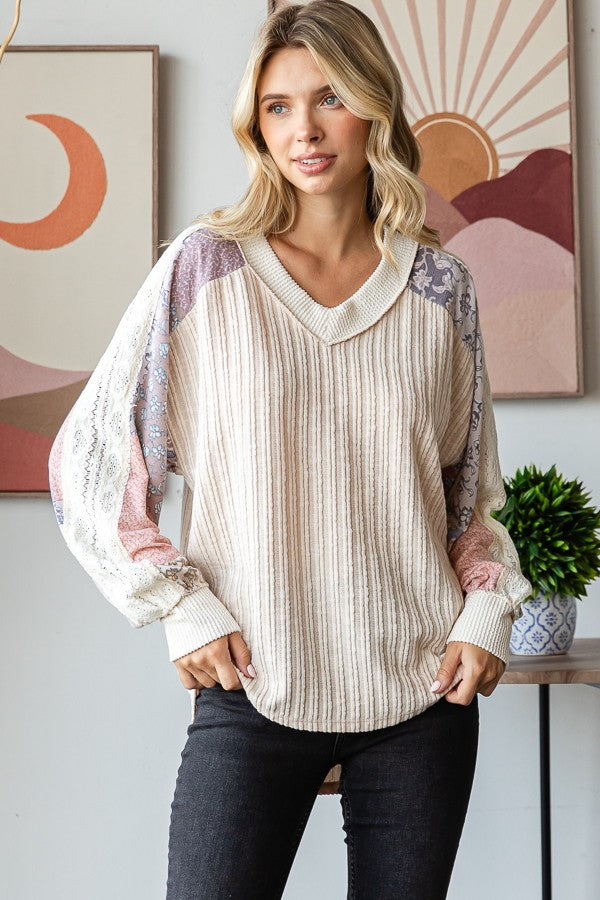 Izzy Lace Contrast Long Sleeve | Oatmeal