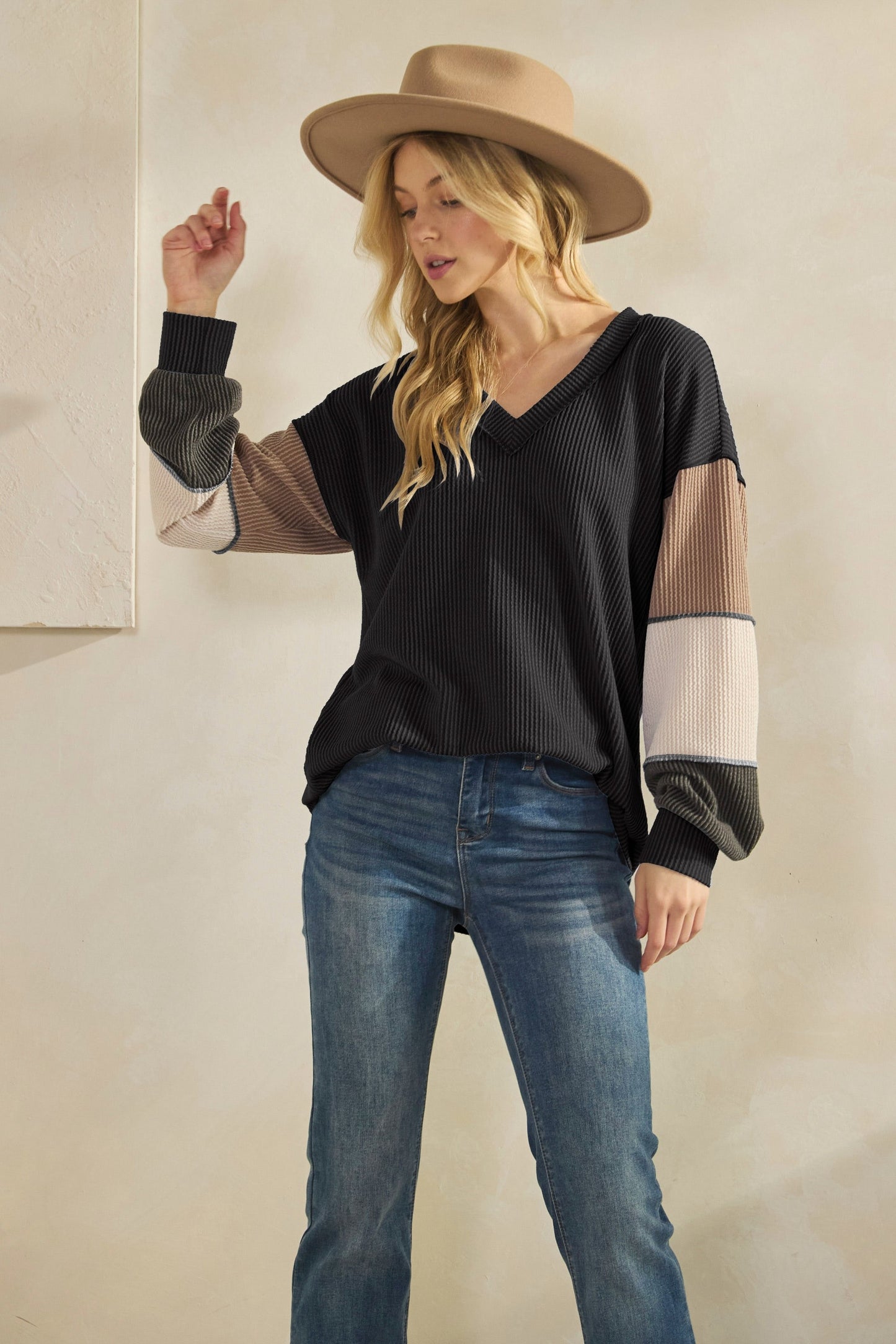 Jane Rib Color Block Long Sleeve Top | Black
