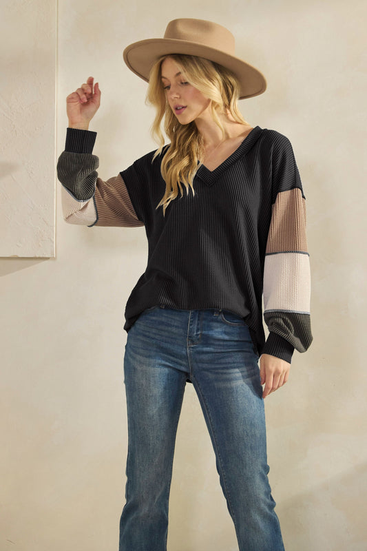 Jane Rib Color Block Long Sleeve Top | Black