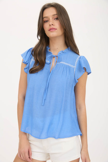 Kali Embroidery Ruffle Detail Front Tie Blouse | Blue