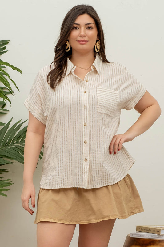 Short-sleeve button-up shirt in a neutral cream and tan stripe pattern, featuring a collared neckline and a chest pocket with horizontal stripe contrast. Lightweight, breathable fabric with a relaxed fit for everyday wear. A versatile top that pairs effortlessly with denim, trousers, or shorts for a casual yet polished look.