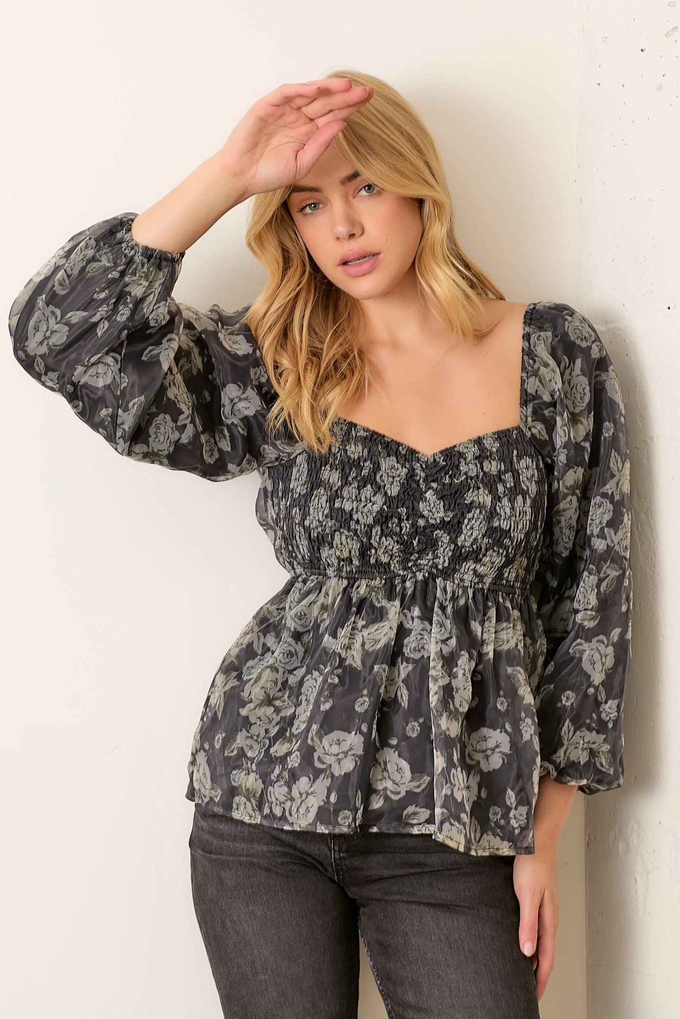 Kendall Floral Smocked Blouse | Black