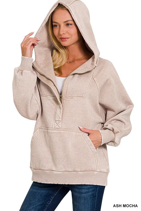 Kennedy Acid Wash 1/4 Zip | Ash Mocha