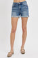 Medium-wash denim shorts featuring a high-rise fit with cuffed raw hems and subtle fading throughout. Designed with classic five-pocket styling and slight stretch for all-day comfort. These shorts hit that sweet spot between casual and polished—perfect for pairing with tanks, tees, or lightweight layers for a warm-weather go-to look.