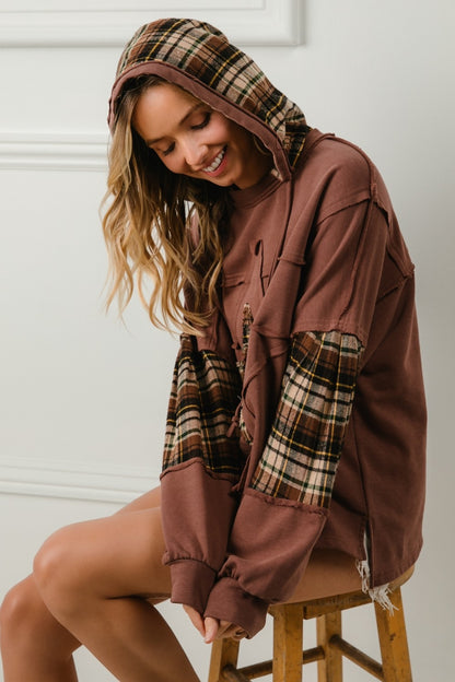 Krissy Plaid Knit Hoodie | Brown
