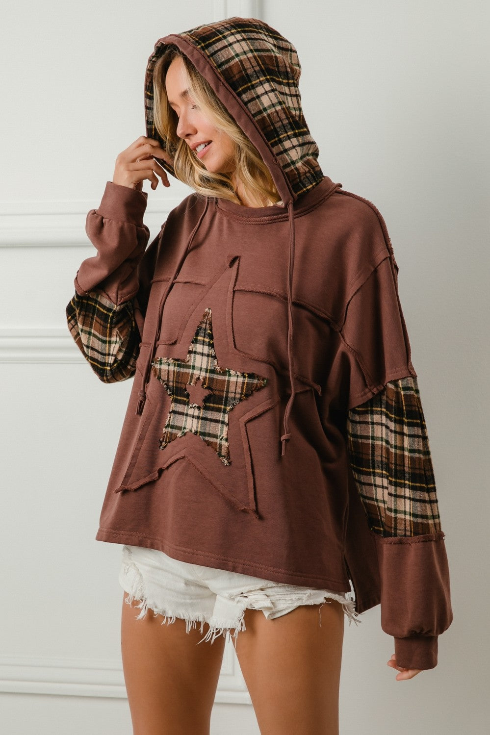 Krissy Plaid Knit Hoodie | Brown