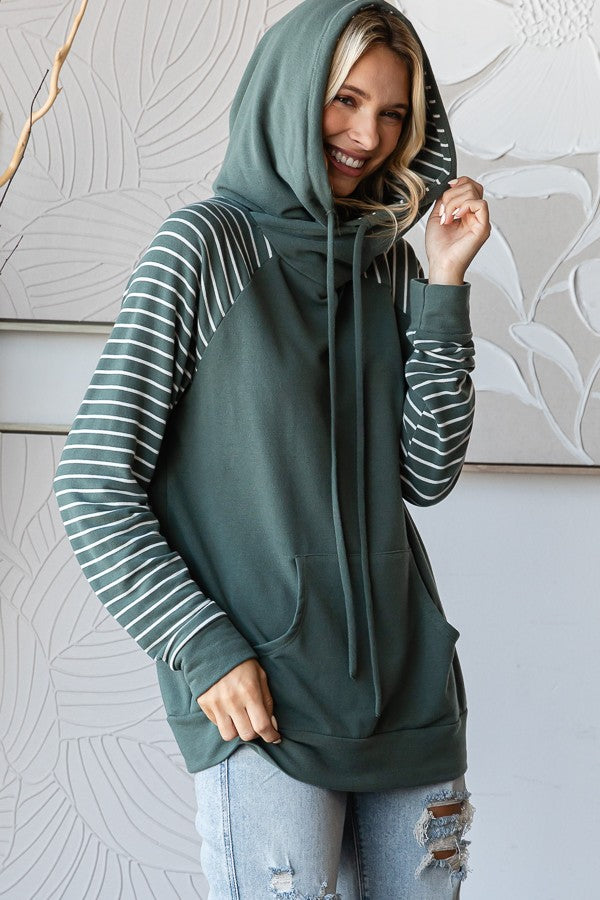 Lennon Stripe Contrast Hoodie | Olive