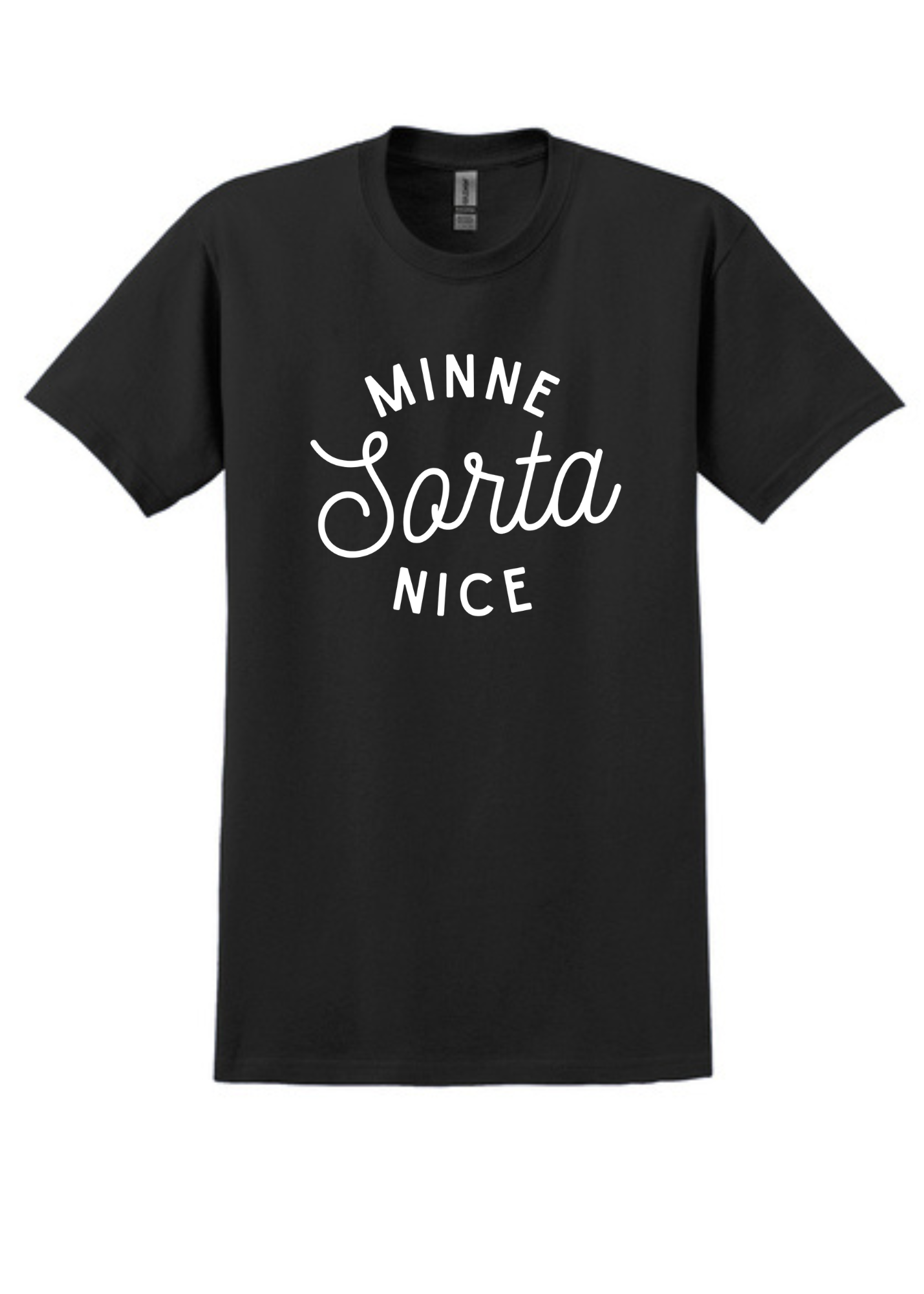 Black short-sleeve crewneck tee featuring bold white text that reads “MINNE Sorta NICE” in a mix of block and script fonts. Made from a soft, lightweight cotton blend with a relaxed unisex fit. A cheeky nod to Minnesota culture—equal parts charm and sass. Perfect for layering or wearing solo with jeans and sneakers for a casual Midwest-cool vibe.