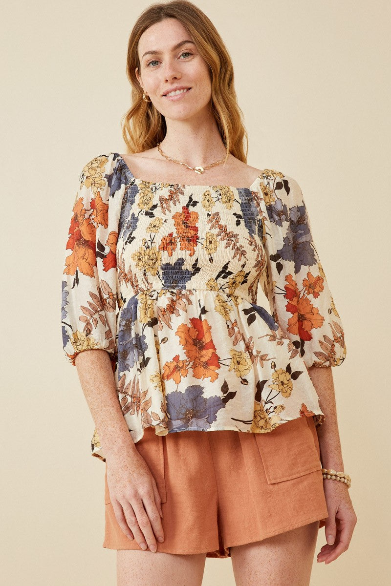 Miranda Floral Smocked Top | Rust