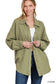 Women's oversized button-down shirt in light olive, crafted from a textured gauze fabric for a breathable and lived-in feel. Features raw-edge detailing on the collar and hem, front chest pocket, and functional button closures down the front. Drop shoulders and a relaxed fit make it ideal for layering over tanks or tees. A soft, casual essential for effortless cool-weather layering or breezy summer nights.