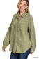 Women's oversized button-down shirt in light olive, crafted from a textured gauze fabric for a breathable and lived-in feel. Features raw-edge detailing on the collar and hem, front chest pocket, and functional button closures down the front. Drop shoulders and a relaxed fit make it ideal for layering over tanks or tees. A soft, casual essential for effortless cool-weather layering or breezy summer nights.