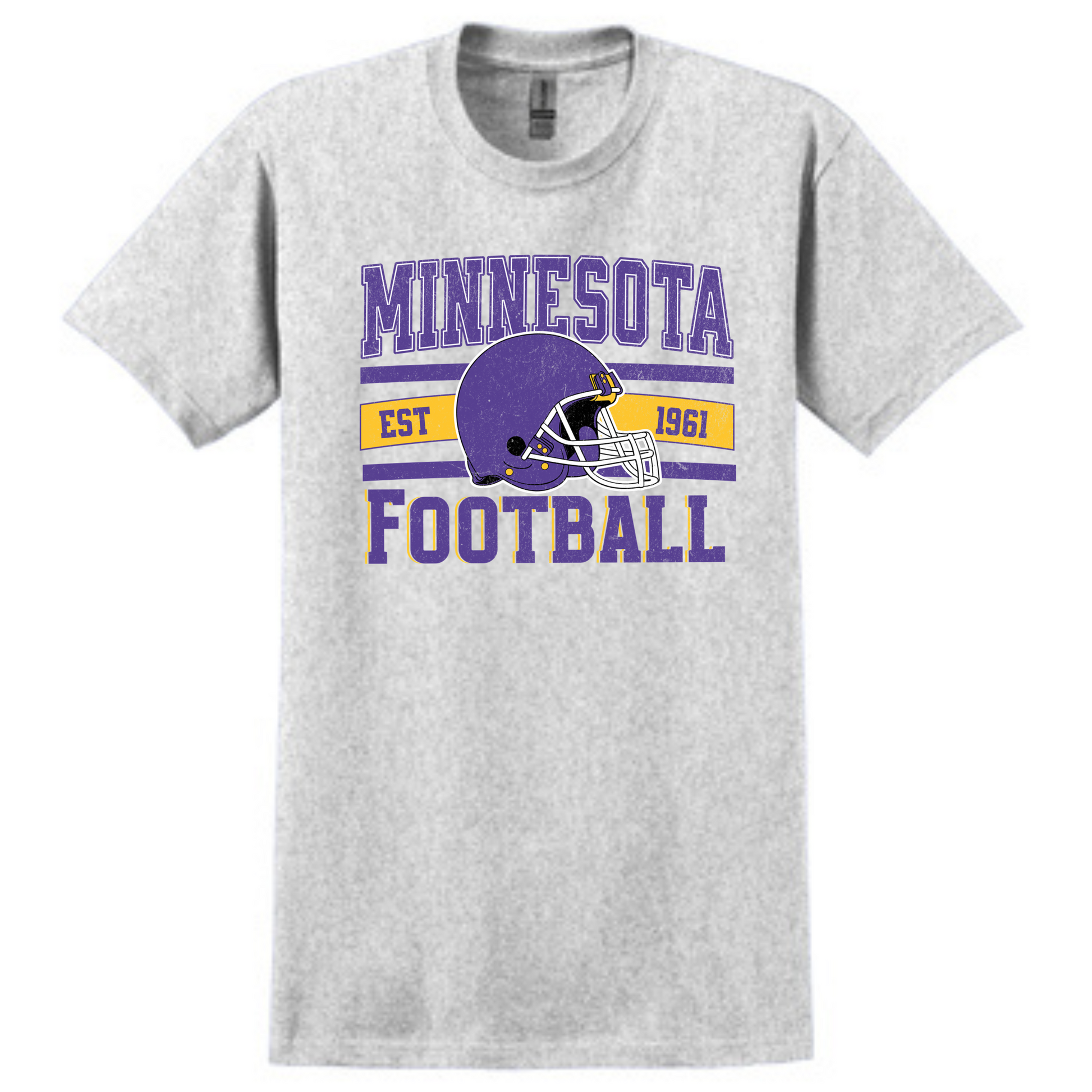 A gray t-shirt with the text 'Minnesota Football' and a purple graphic of a football helmet, indicating a retro style and the state of Minnesota.