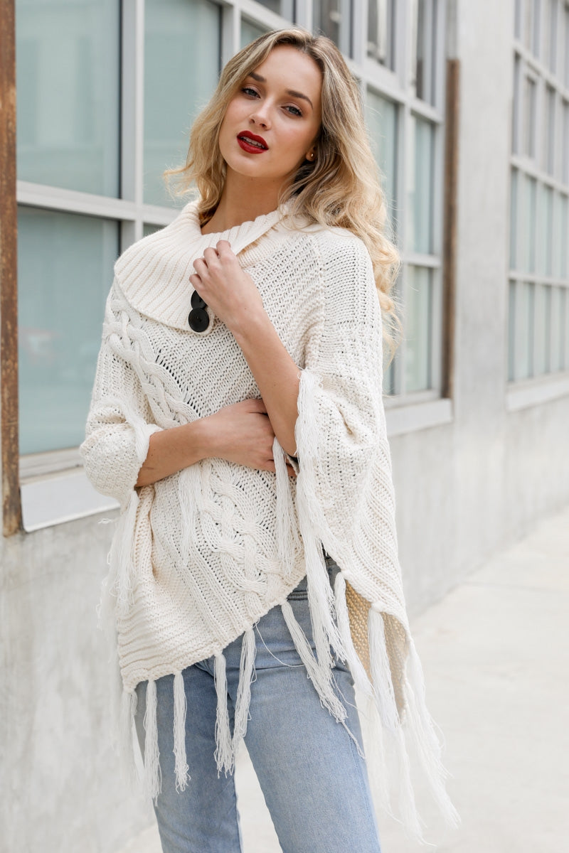 Samantha High Neck Tassel Poncho | Ivory