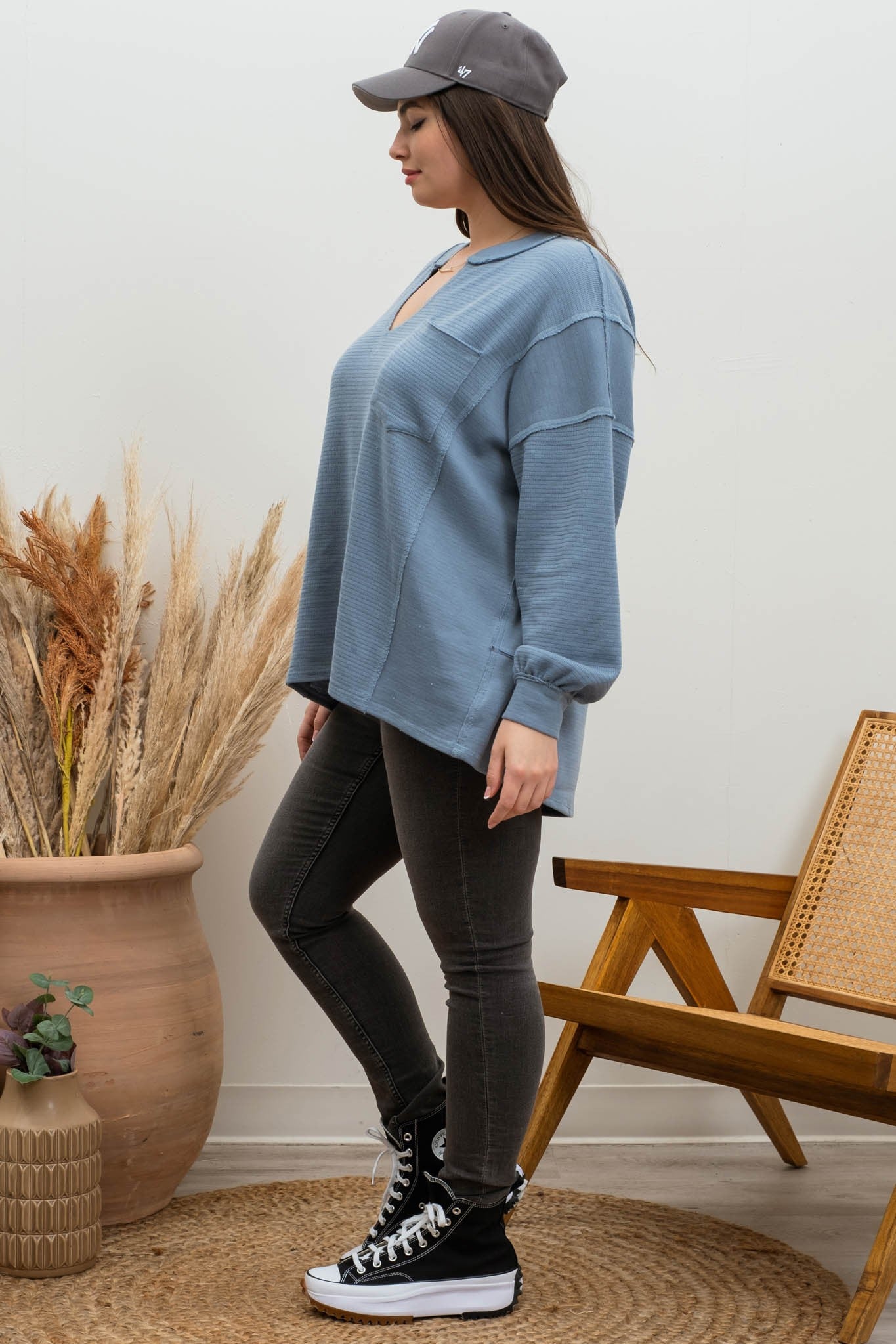 Saylor Solid Patchwork Long Sleeve Top | Dusty Blue