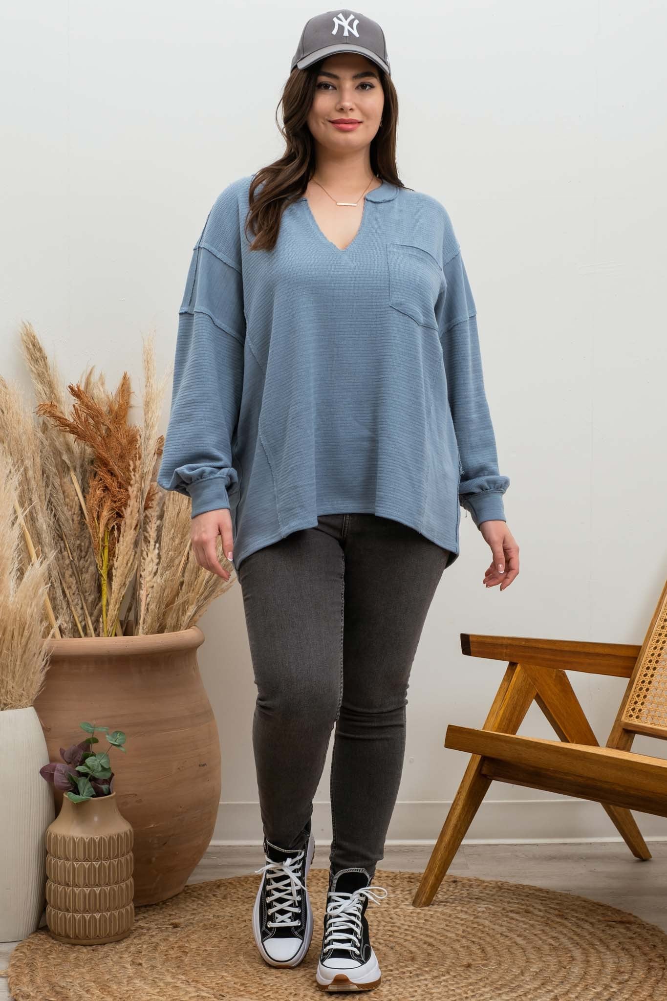 Saylor Solid Patchwork Long Sleeve Top | Dusty Blue