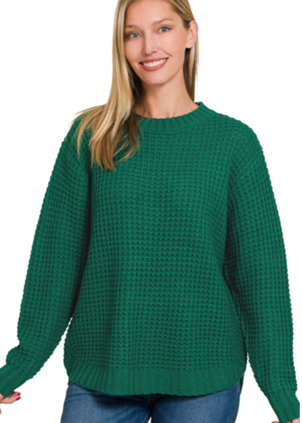 Emma Hi-Low Waffle Sweater | Hunter Green