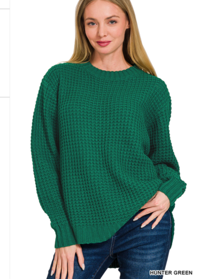 Emma Hi-Low Waffle Sweater | Hunter Green